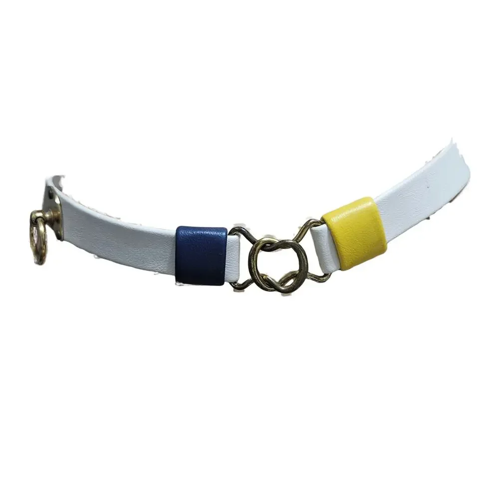 70s White Vinyl Cinching Belt Blue Yellow Accent Gold Side Ring Military Buckles